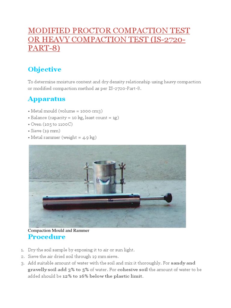 Modified Proctor Compaction Test or Heavy Compaction Test Soil Density