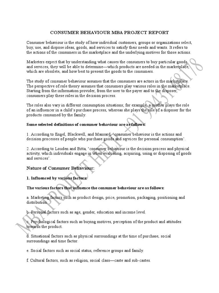 Consumer Behaviour MBA Project Report | PDF | Consumer Behaviour | Behavior