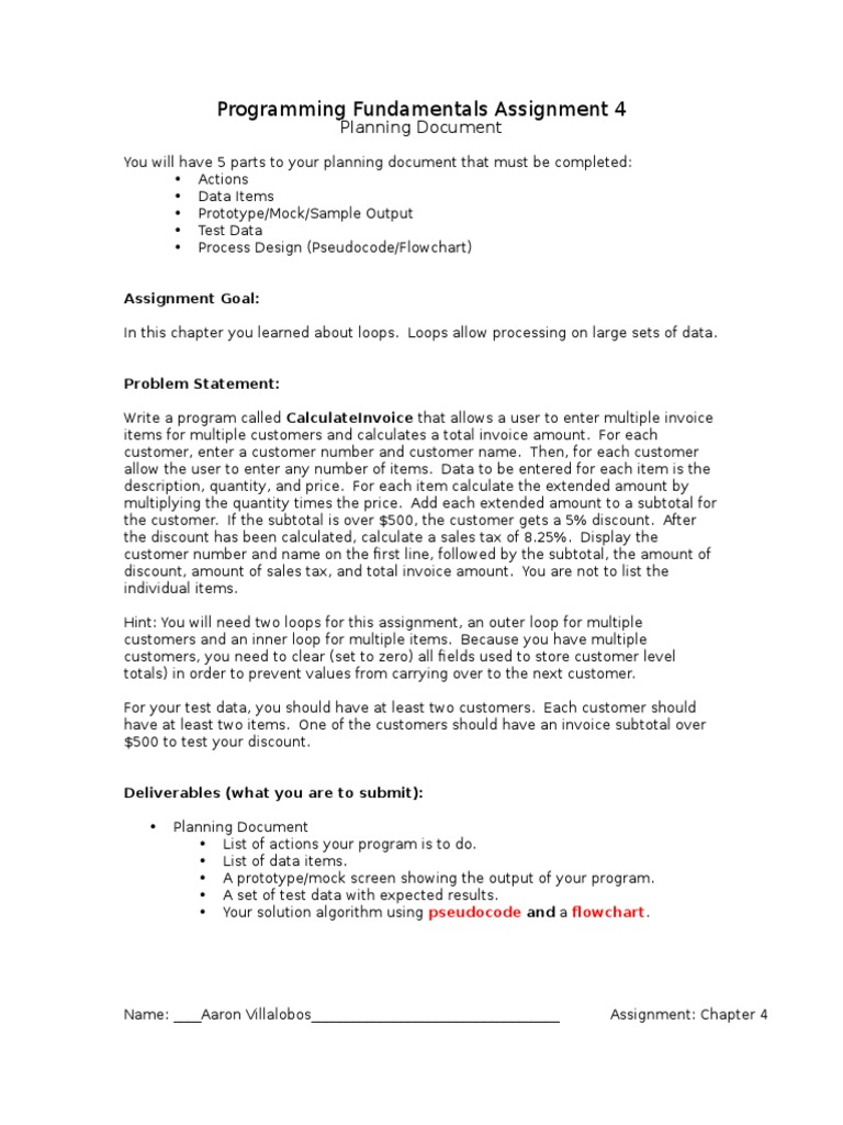 Programming Fundamentals Assignment 4: Planning Document | PDF ...