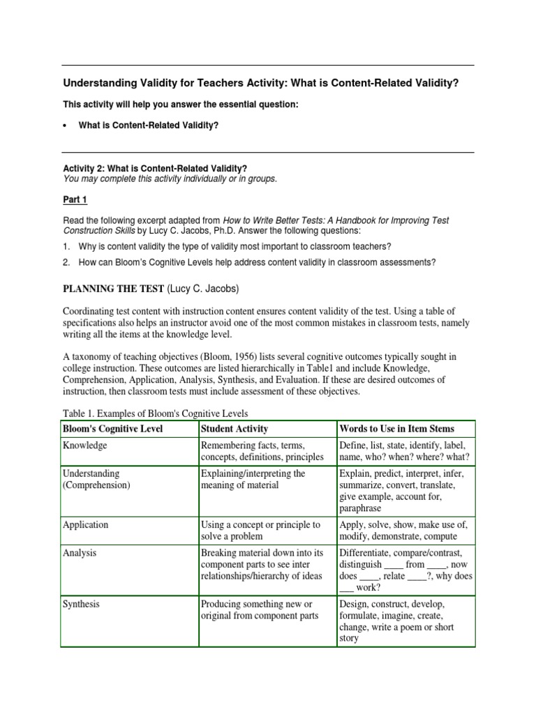 Understanding Validity For Teachers Activity: What Is Content-Related ...