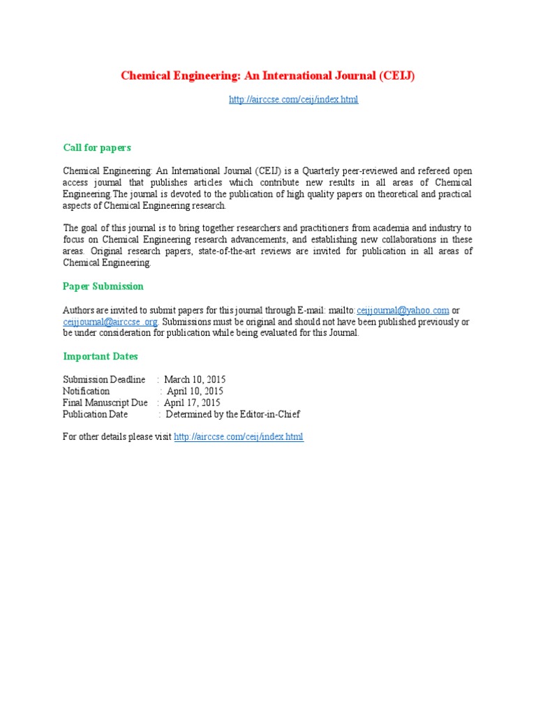 Chemical Engineering: An International Journal (CEIJ) : Call For Papers ...