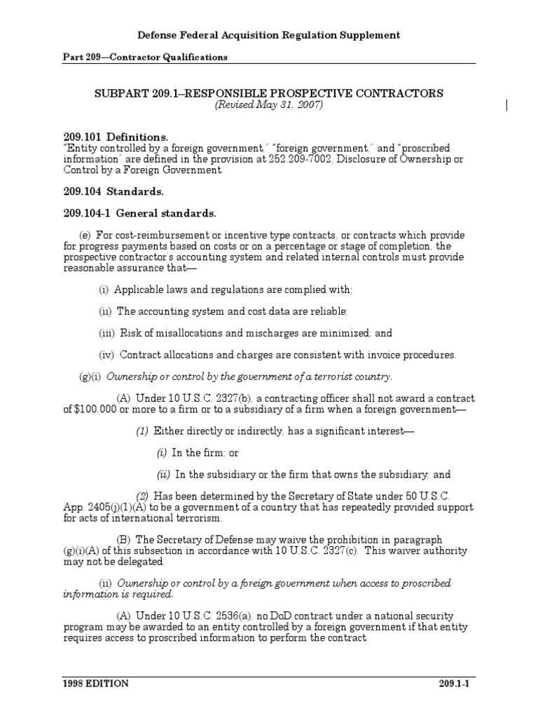 Subpart 209.1 Responsible Prospective Contractors Defense Federal