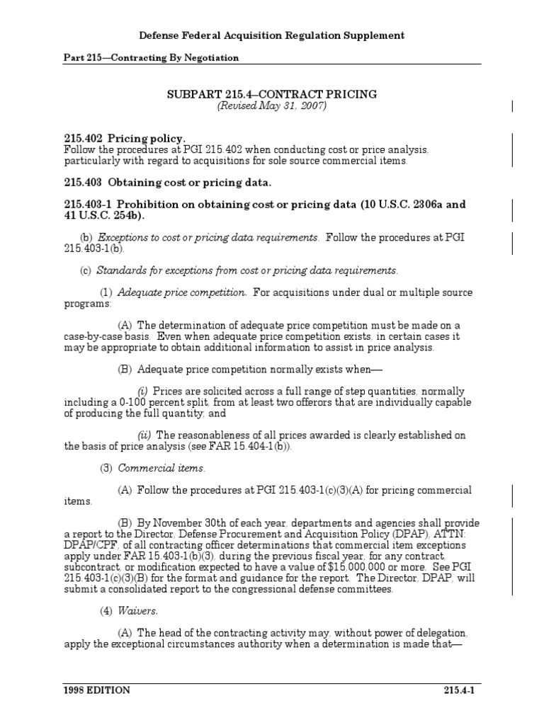 Subpart 215.4 Contract Pricing Defense Federal Acquisition