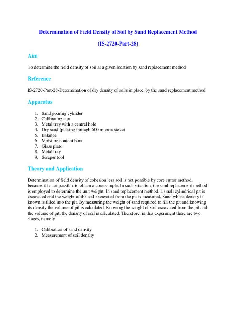 Field Density by Sand Replacement Method | PDF | Density | Soil
