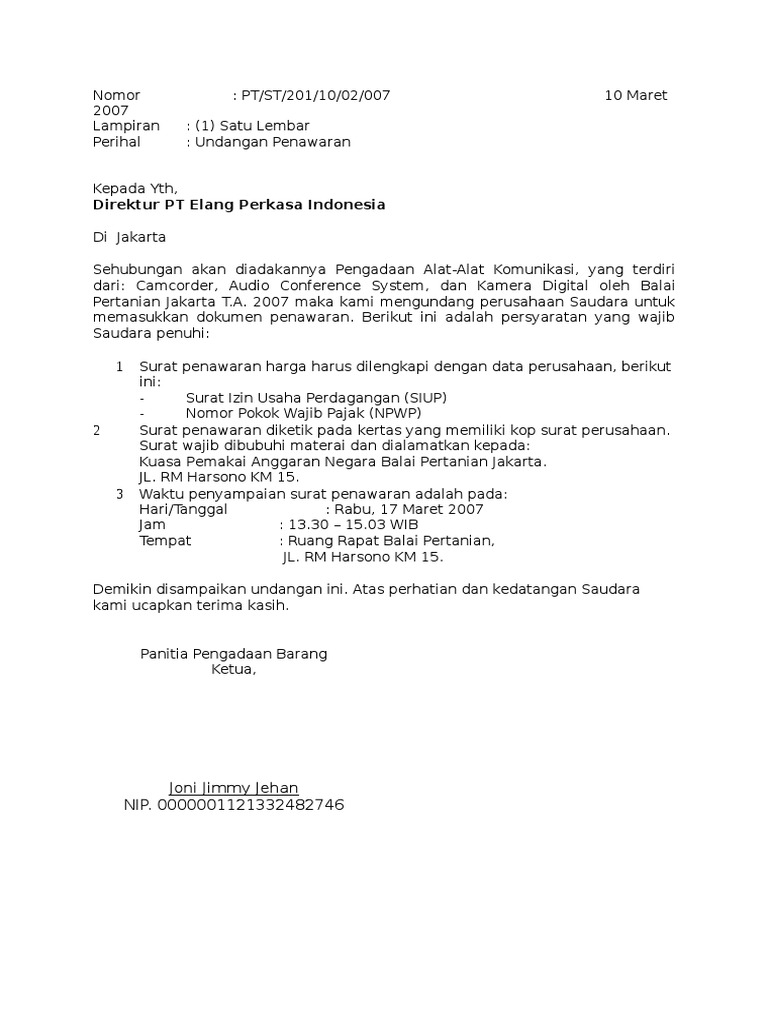 Surat Penawaran Proyek Pengajuan Harga Barang Pdf