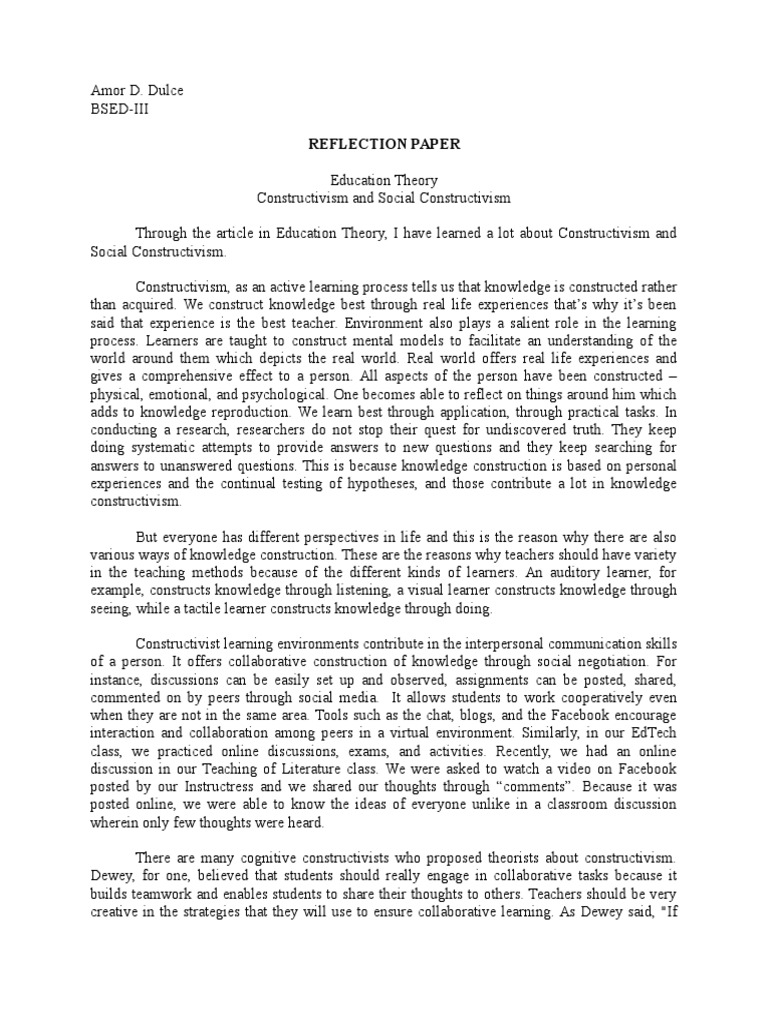 Reflection Paper Hum 2 | Constructivism (Philosophy Of ...