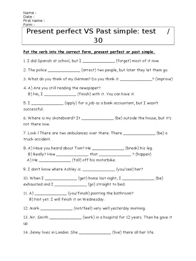 Present Perfect VS Past Simple: Test / 30 | PDF | Art