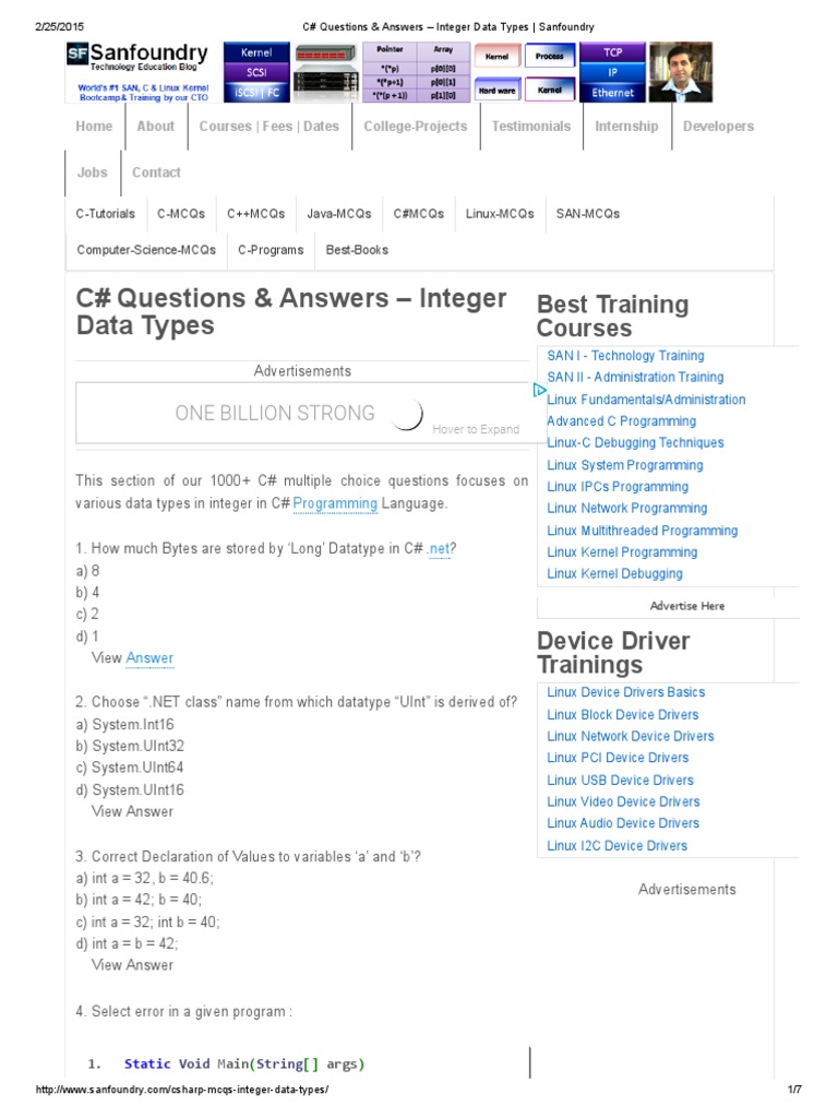 C# Questions & Answers - Integer Data Types - Sanfoundry | PDF | Method ...