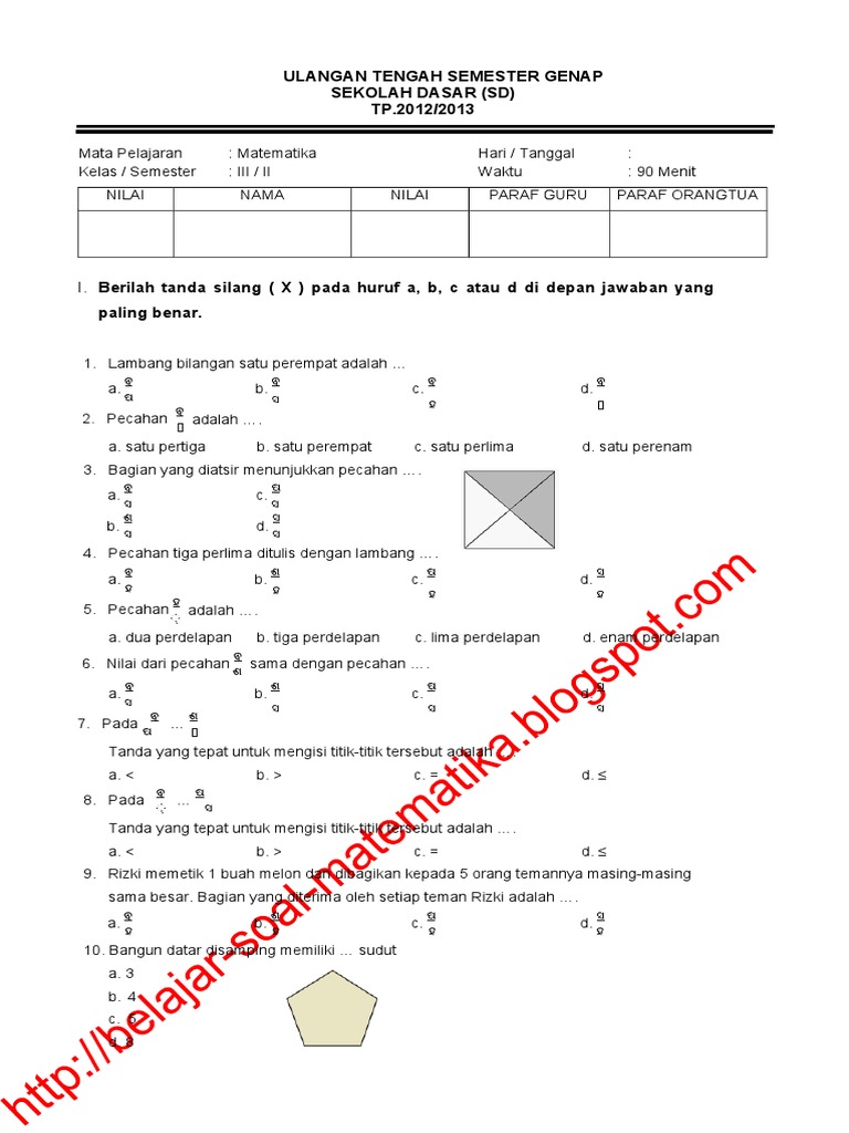 Soal Uts Matematika Kelas 3 Sd Semester Genap