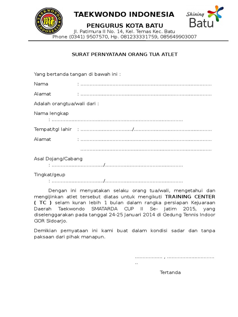 Surat Pernyataan Orang Tua Atlit