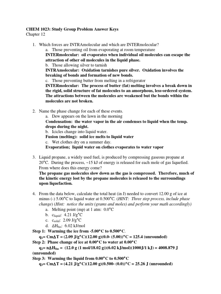 CHEM 1023 Study Group Problem Answer Key Chapter 12 PDF