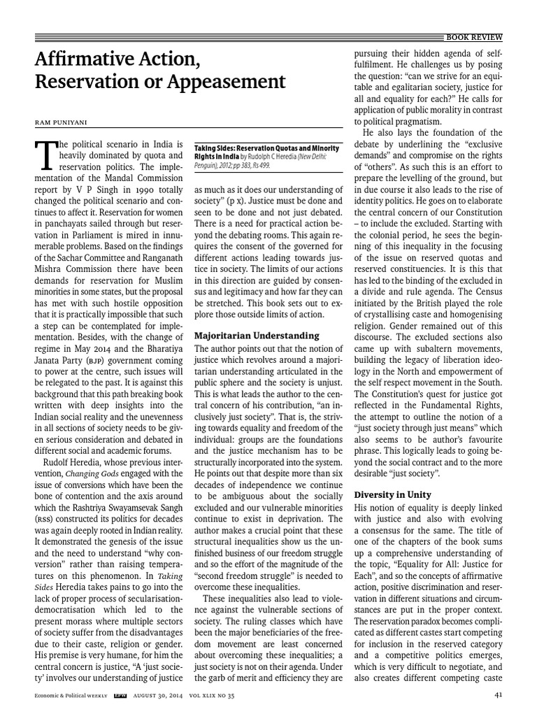 Affirmative Action Reservation or Appeasement | PDF | Equal Opportunity ...