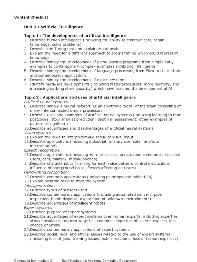 Content Checklist: Unit 3: Artificial Intelligence Topic 1: The ...