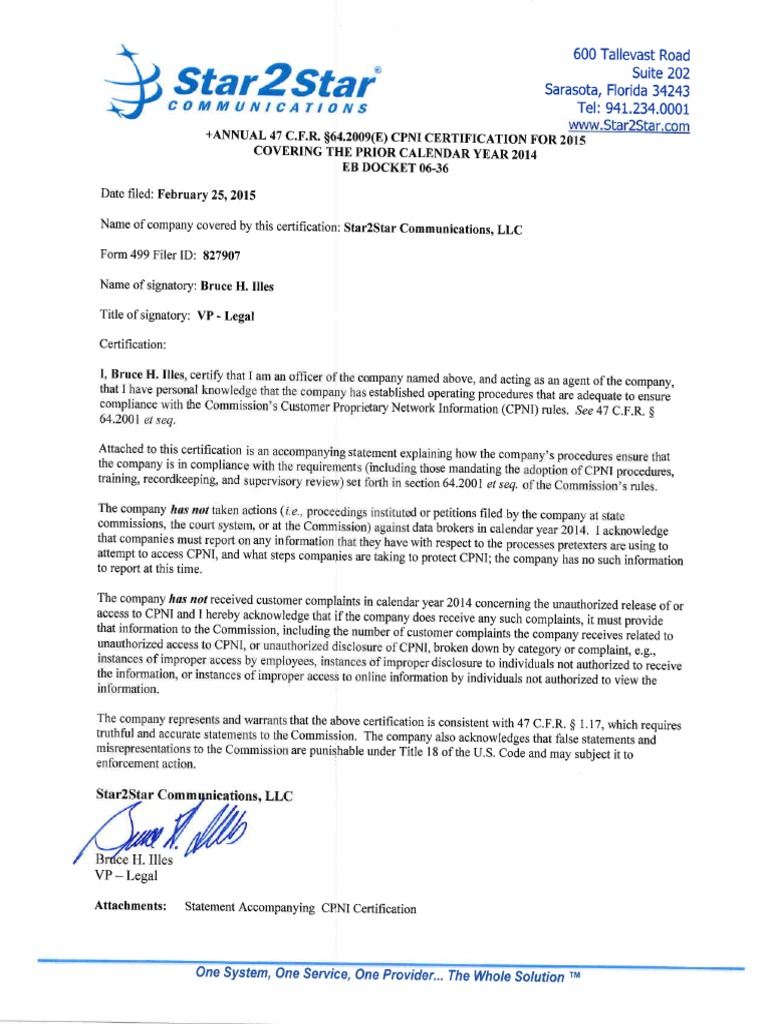Star2Star 2015 CPNI Certification and Statement Filed 2 25 2015 PDF