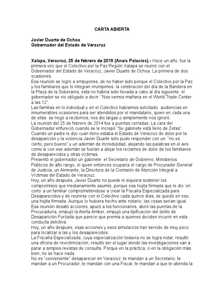 Carta abierta a Javier Duarte gobernador de Veracruz  Estado (política