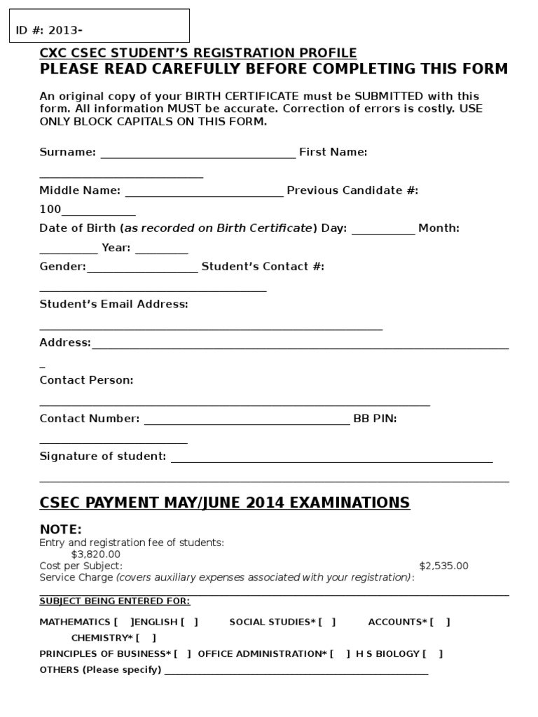 CXC CSEC Registration Form Guide | PDF | Finance & Money Management