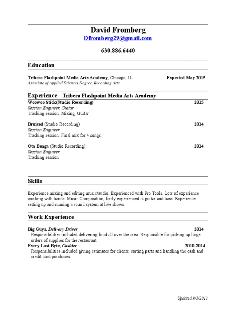 Audio Engineering Resume of David Fromberg | PDF | Career & Growth | Art
