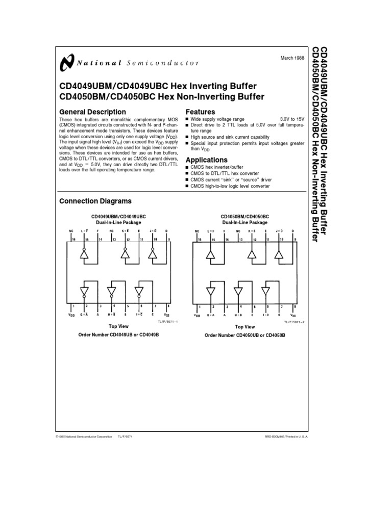 CD4049/4050 Hex Buffer Datasheet | PDF | Cmos | Digital Electronics