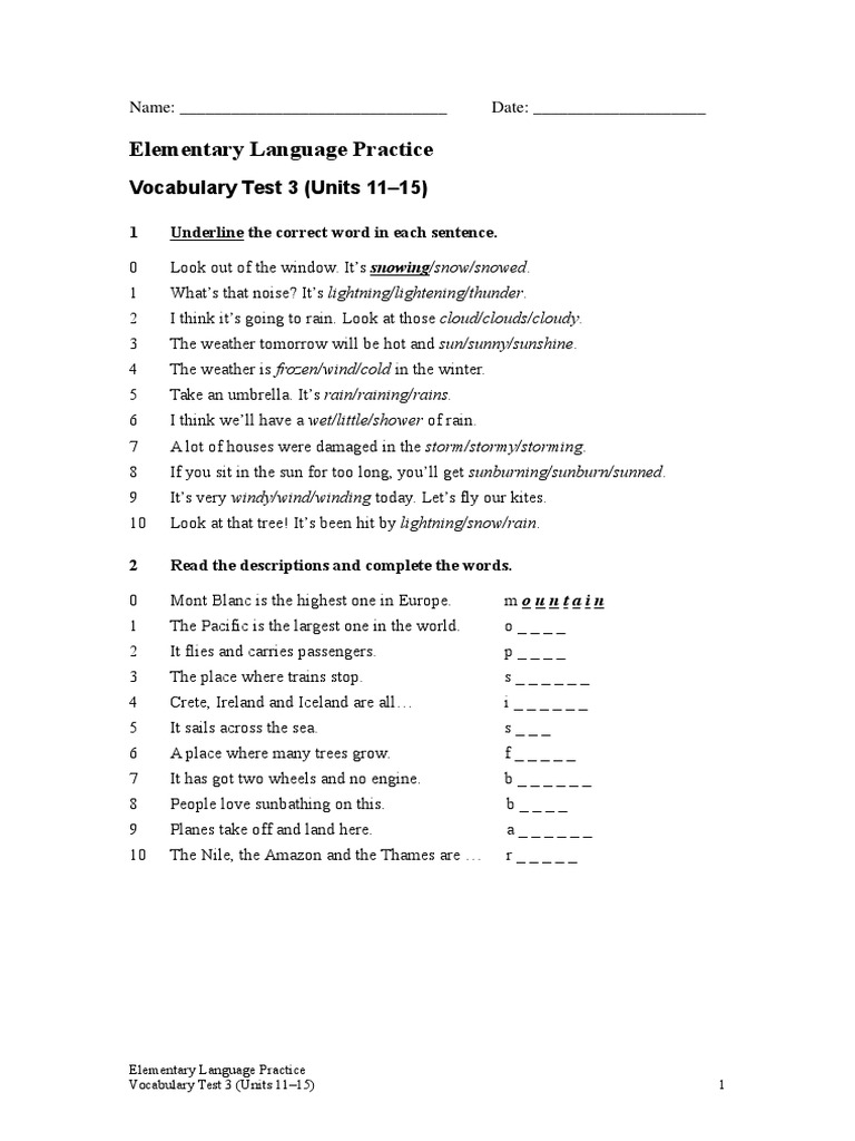 elementary vocabulary test 3