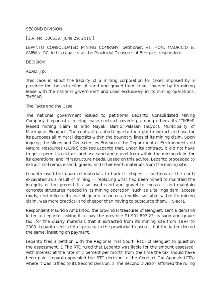 Lepanto Vs Ambanloc PDF Mineral Rights Taxes