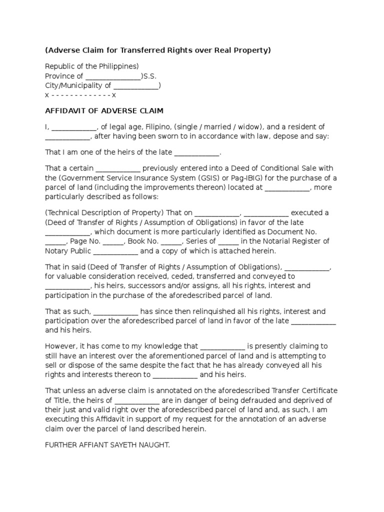 Adverse Claim Affidavit for Property Rights | PDF | Law