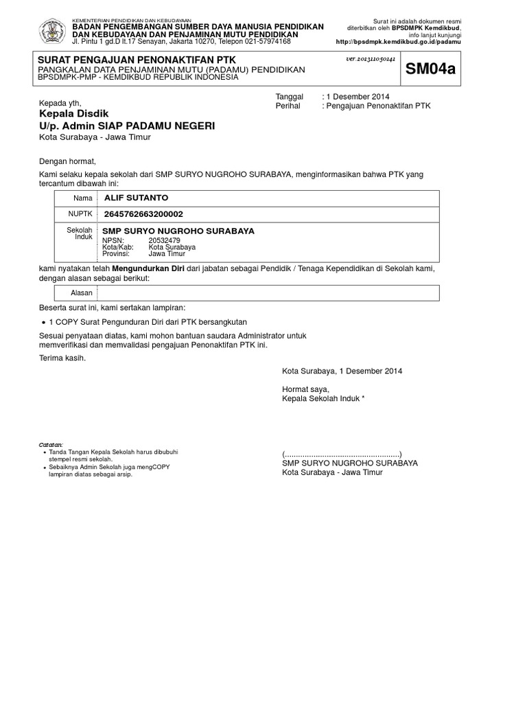 Pak Alif Mengundurkan Diri Smp Suryo Nugroho Surabaya Pdf