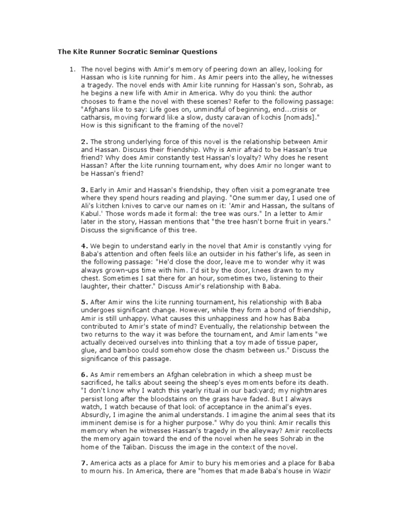 The Kite Runner Socratic Seminar Questions