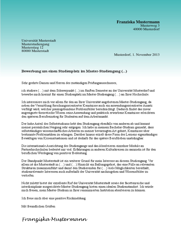 Muster Motivationsschreiben Master Studium Pdf
