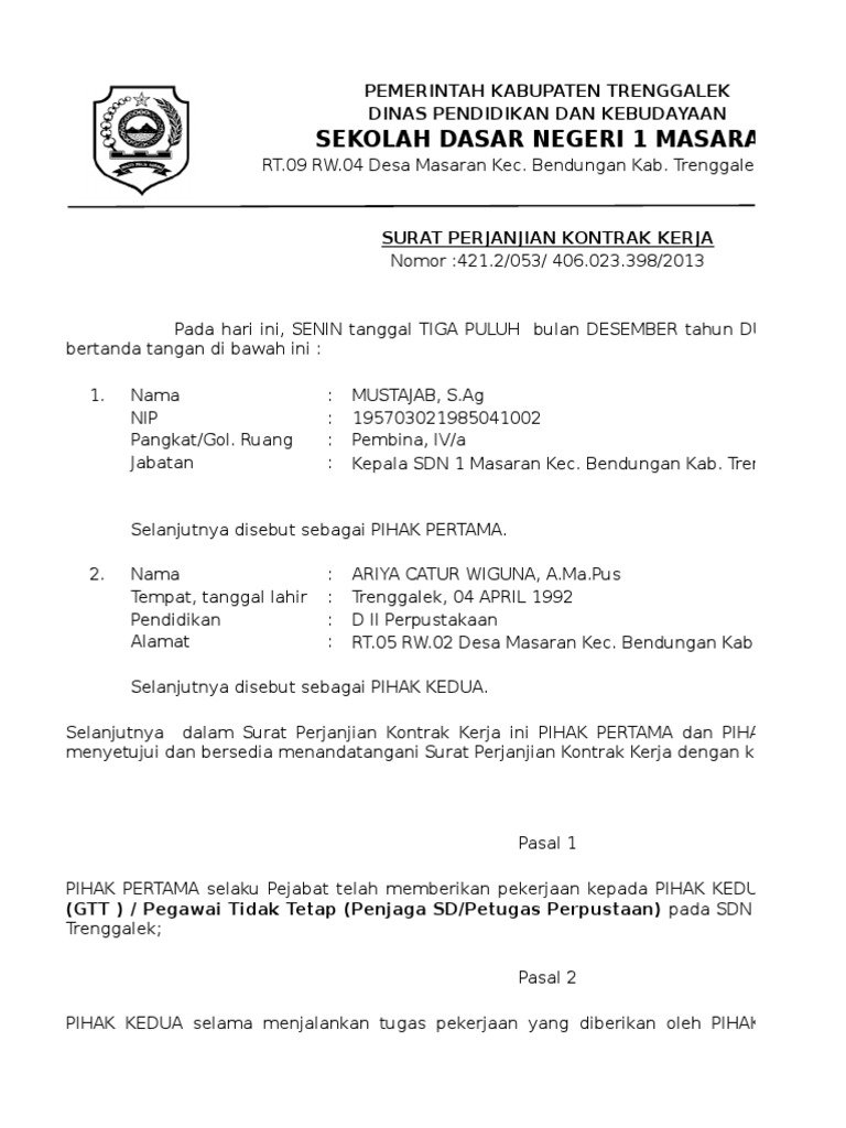 Contoh Nomor Surat Kontrak Kerja Contoh Surat