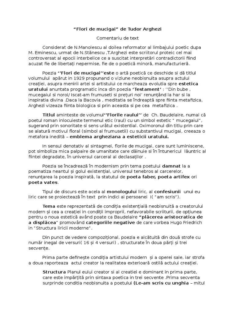 Flori De Mucigai De Tudor Arghezi