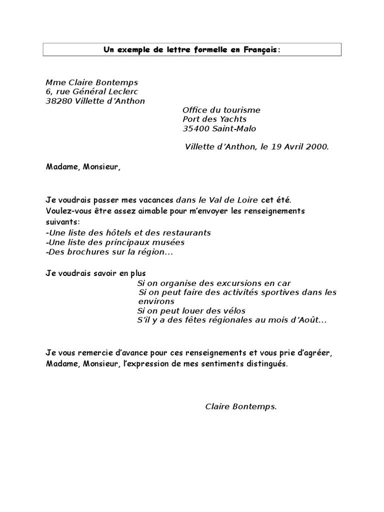 Lettre Formelle En Francais Pdf Troubles