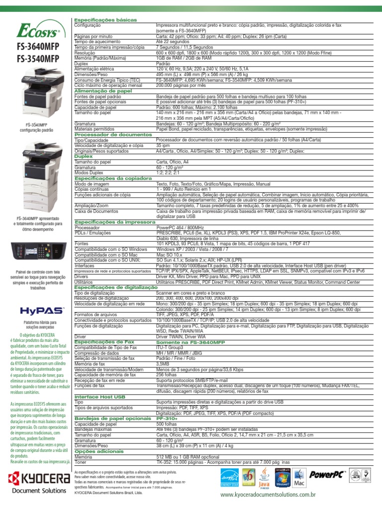Impressora Multifuncional KYOCERA FS-3640MFP | PDF | USB | Impressora ...