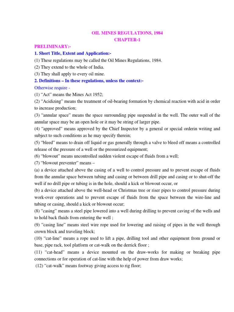 Short Title, Extent and Application Oil Mines Regulations, 1984