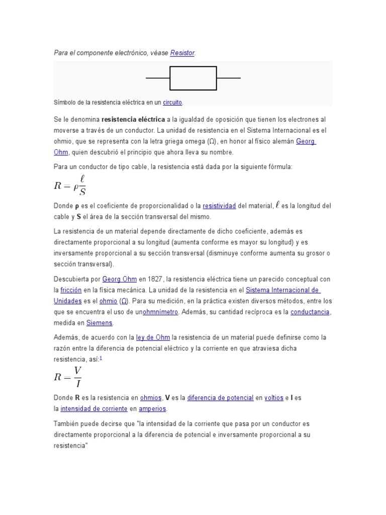Símbolo y Concepto de Resistencia Eléctrica | PDF | Resistencia ...