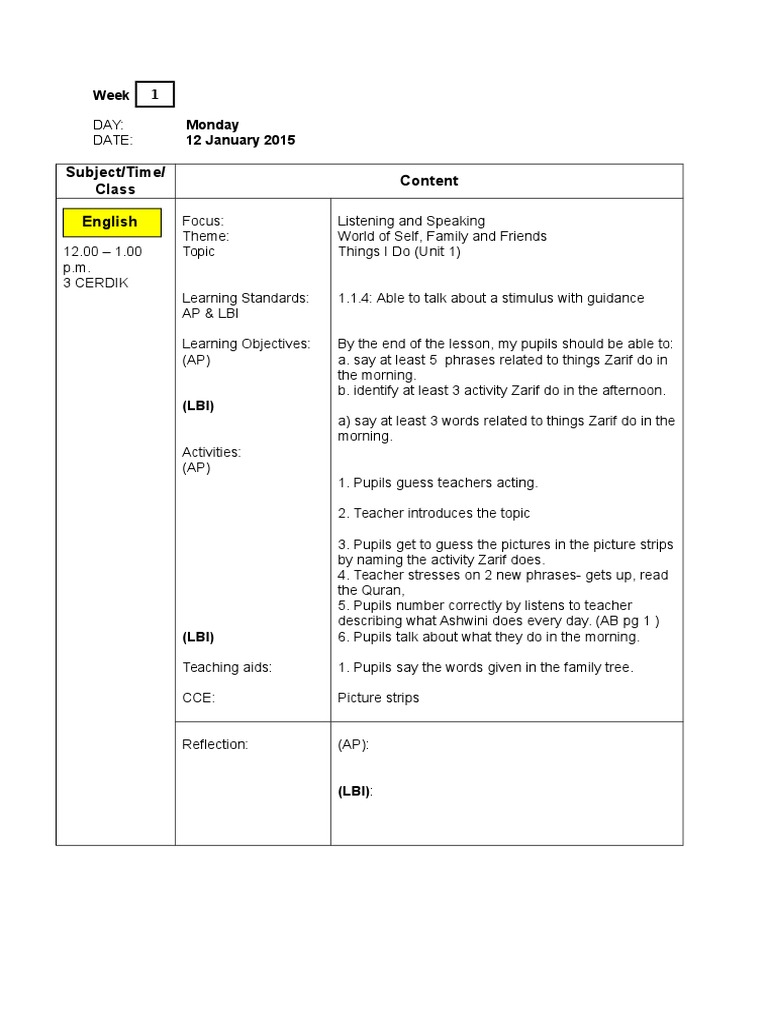 lesson plan year 3 unit 1 | Lesson Plan | English Language