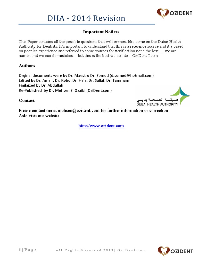 DHA Dentist Exam Sample Questions | PDF | Dentures | Oral Hygiene