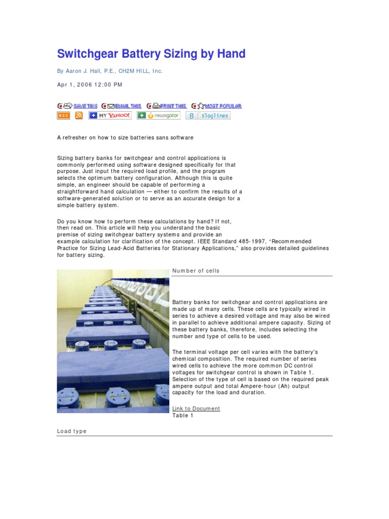 Switchgear Battery Sizing by Hand PDF Battery (Electricity) Relay