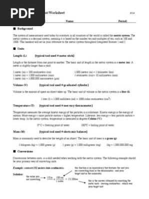 Metric system worksheet high school