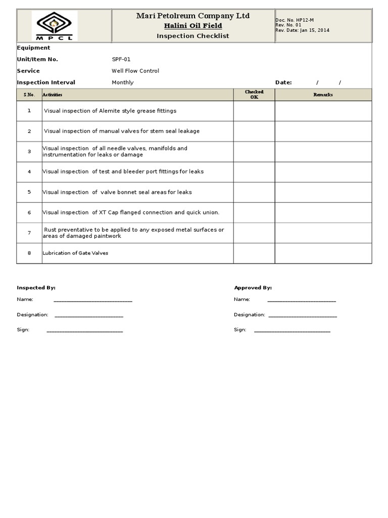 Wellhead Inspection Checklist | PDF | Technology & Engineering