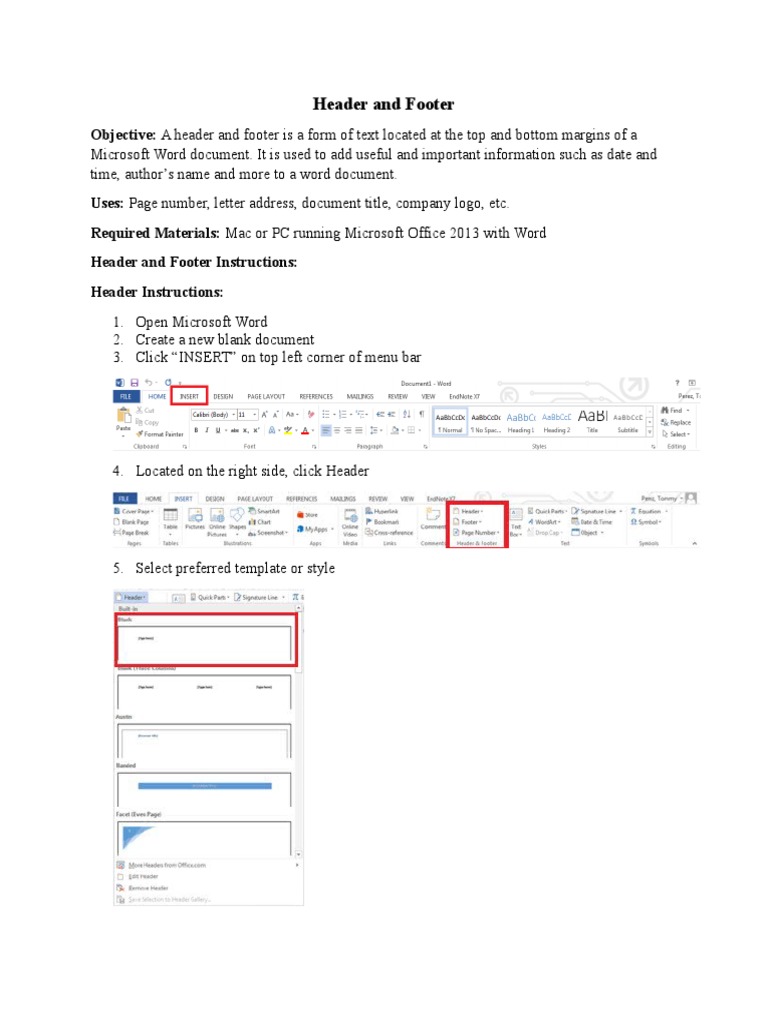 Inserting Headers and Footers in Word | PDF