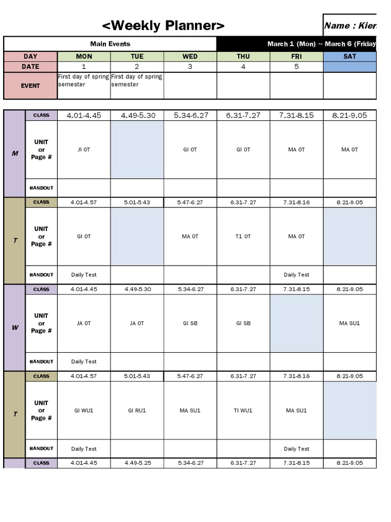 Kieran's Weekly Class Schedule | PDF