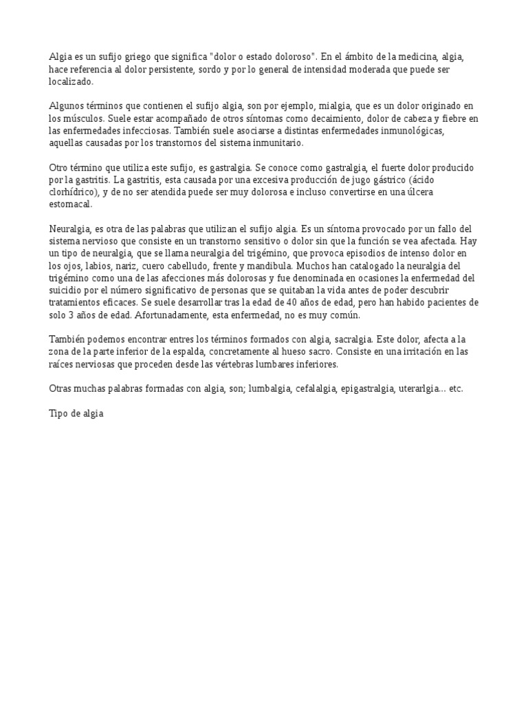 Significado y ejemplos de algia | PDF | Dolor | Rtt