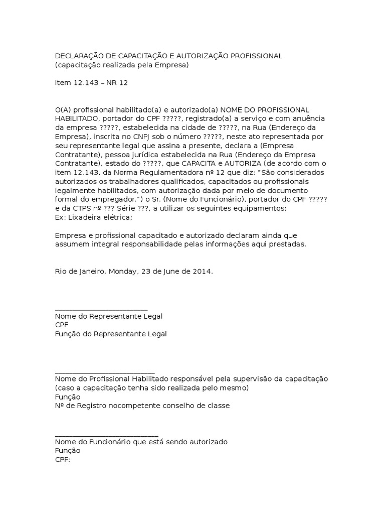 Declaração de Capacitação e Autorização Profissional - Nr 12