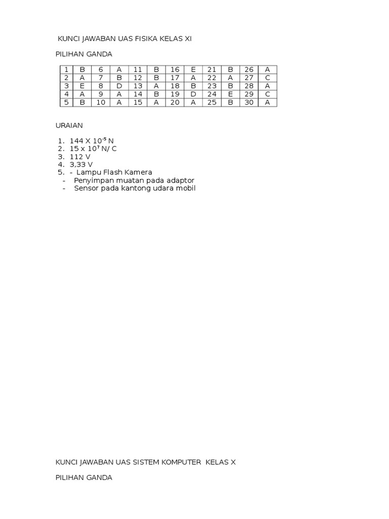 Kunci Jawaban Uas Fisika Kelas Xi