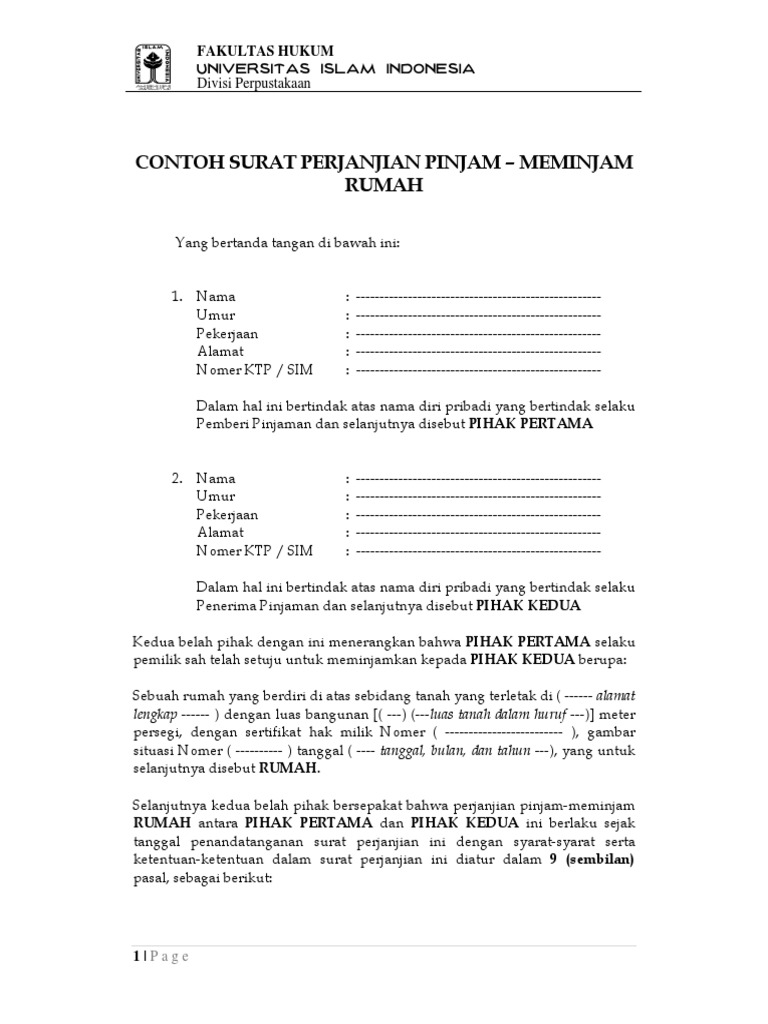 Contoh Surat Perjanjian Jam Meminjam Rumah Fh Uii Pdf