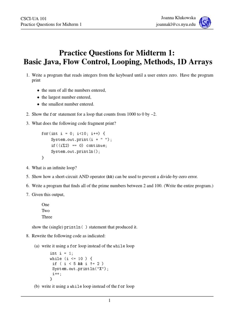 Java Midterm 1 Practice Questions | PDF | Variable (Computer Science ...