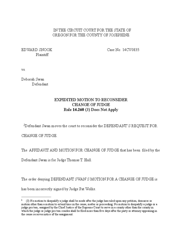 Motion to Reconsider Judge Change Oregon | PDF