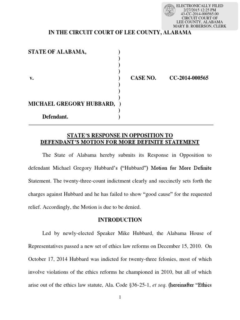 State's Response to Hubbard's Motion for More Definite Statement