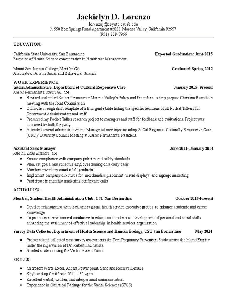 Resume With Kaiser Internship PDF