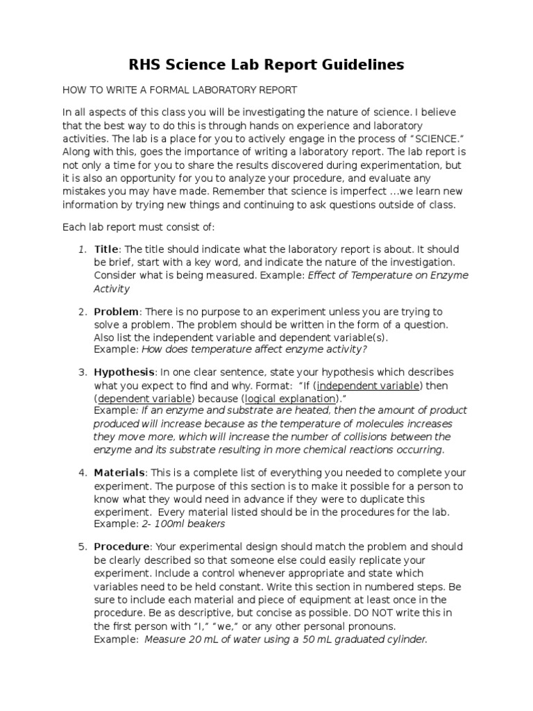 Rhs Science Lab Report Guidelines PDF Experiment Enzyme